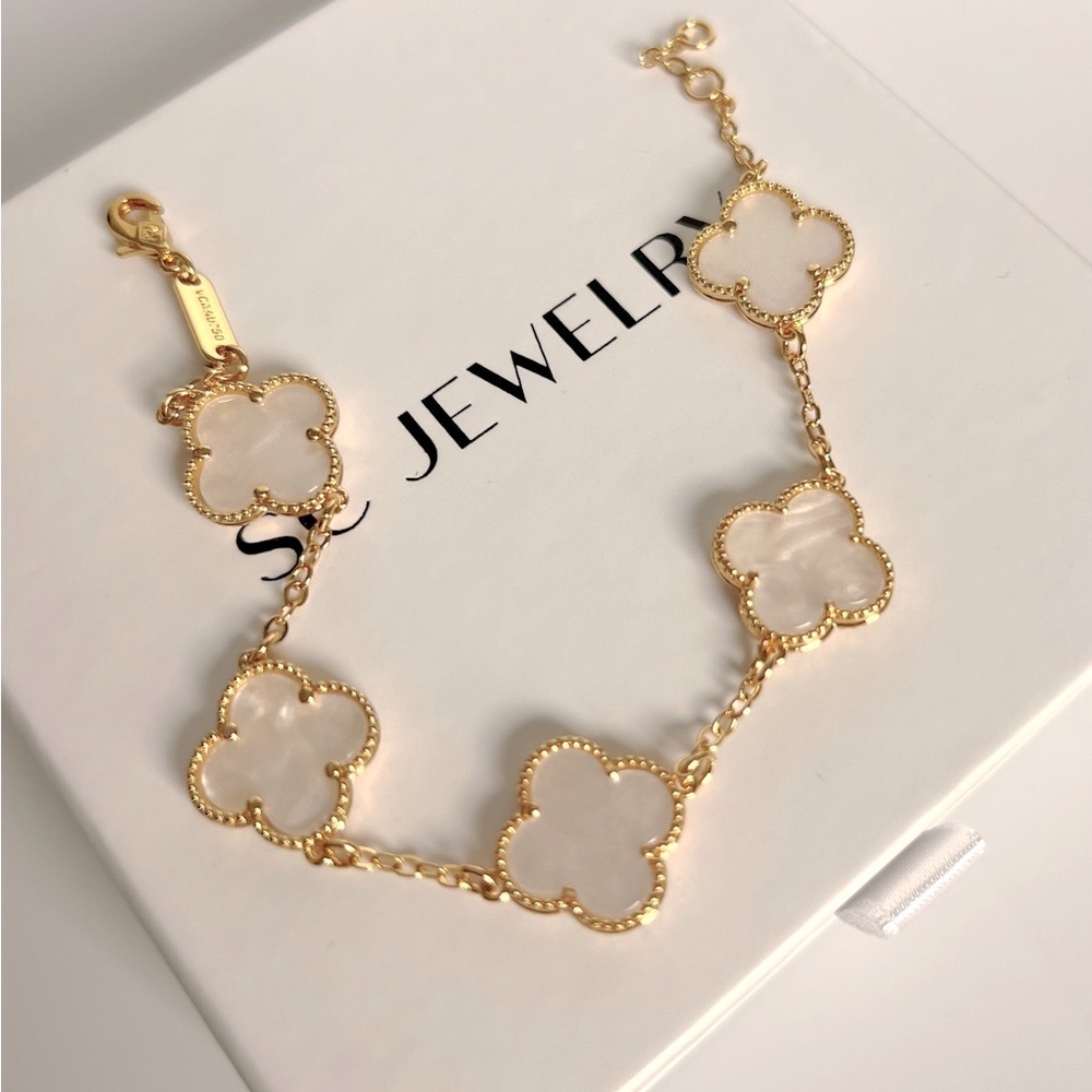 Clover Bracelet Mother of Pearl 14k Gold Plated Luxury Bracelet - Picture 5 of 11